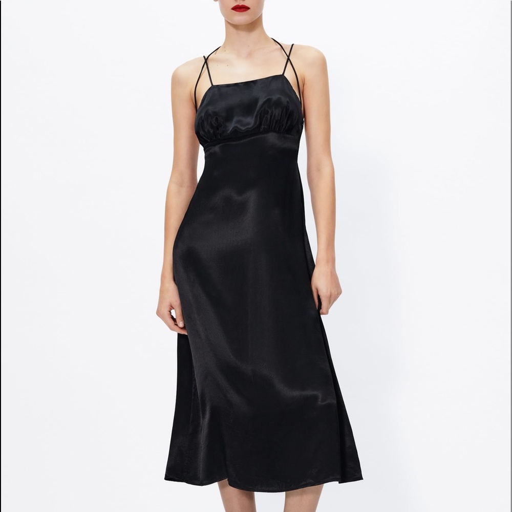 Zara MIDI SLIP SATIN DRESS Straight Neck w/ Spaghetti Straps Black Size S NEW